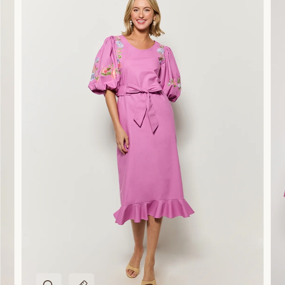 Fanm Mon Kongo Midi Dress Tie Belt Pouf Sleeve Floral Embroidered Plum Pink Sm